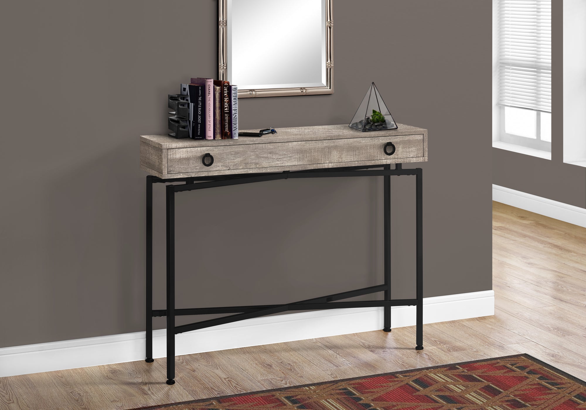 accent table 42l taupe reclaimed wood/ black console i3455