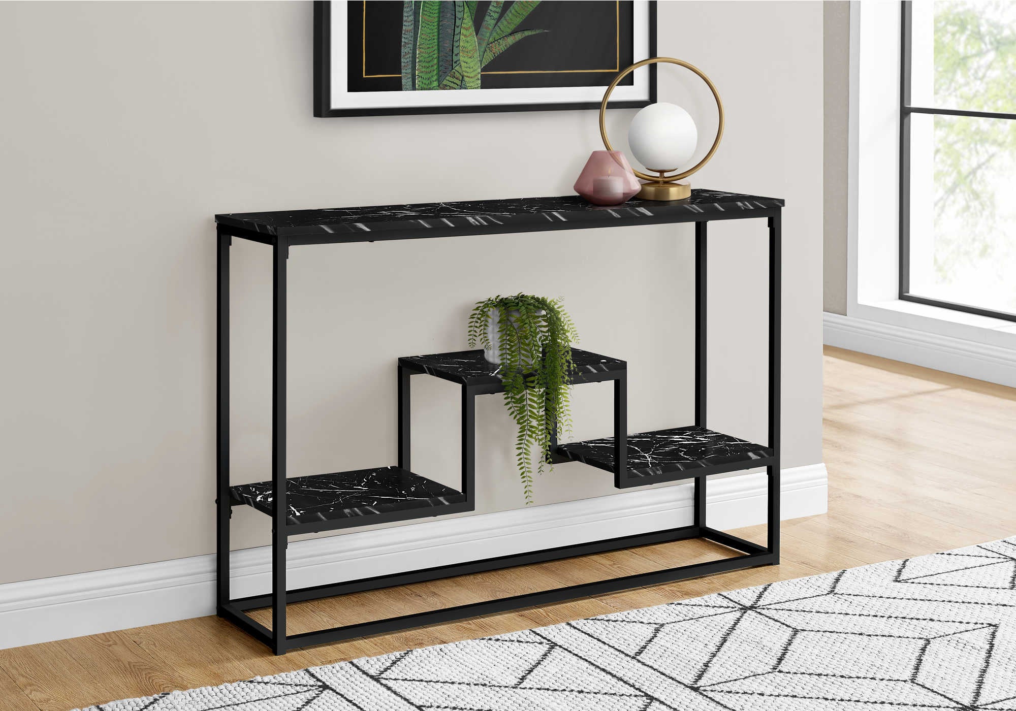 ACCENT TABLE - 48L  BLACK MARBLE  BLACK METAL CONSOLE