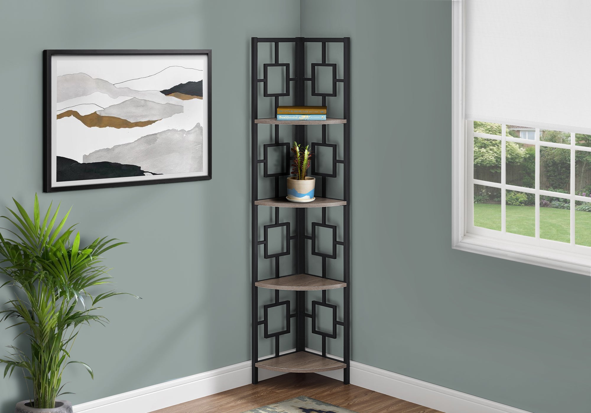 bookcase 62h dark taupe black metal corner etagere i3611