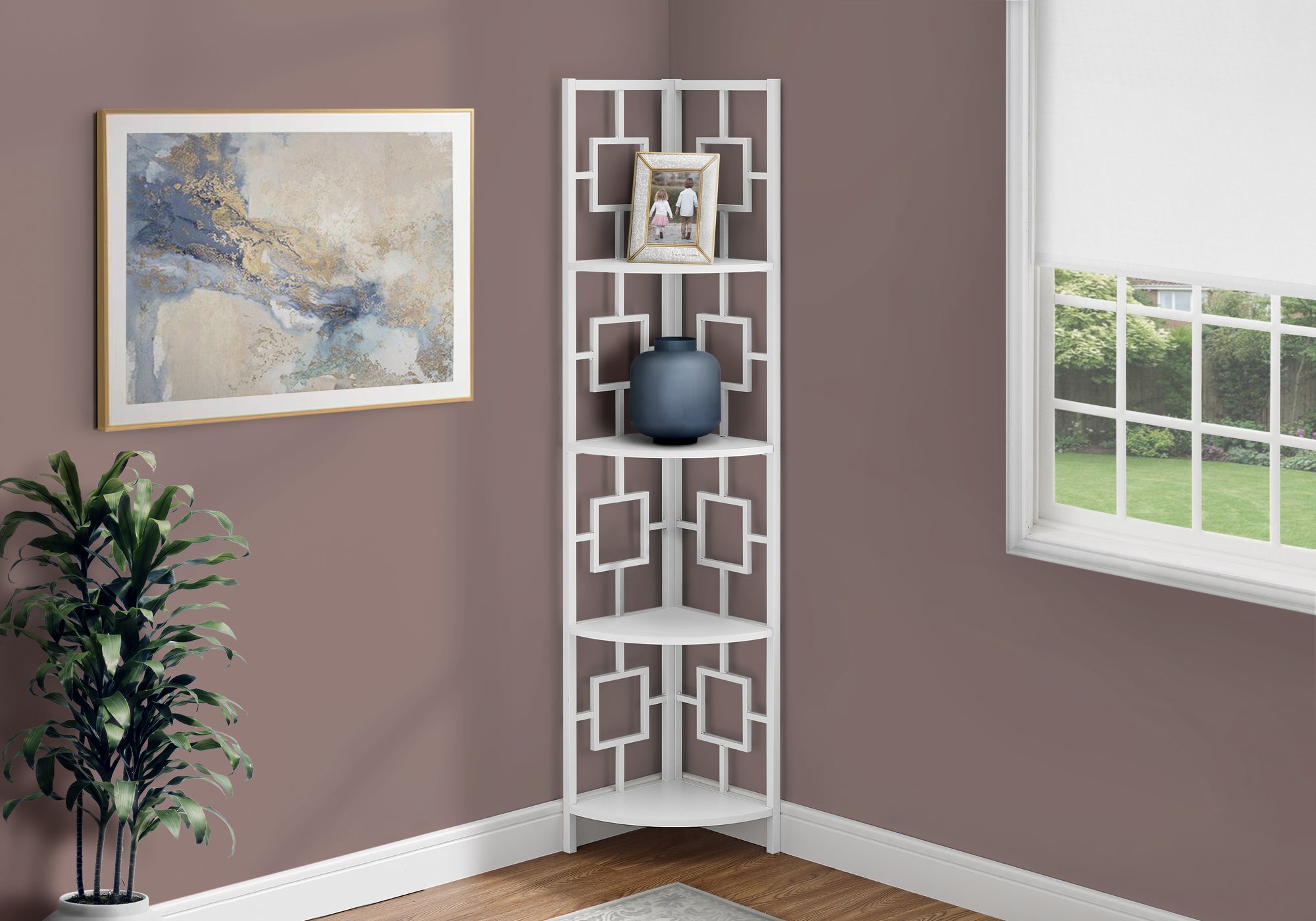 bookcase 62h white white metal corner etagere i3613