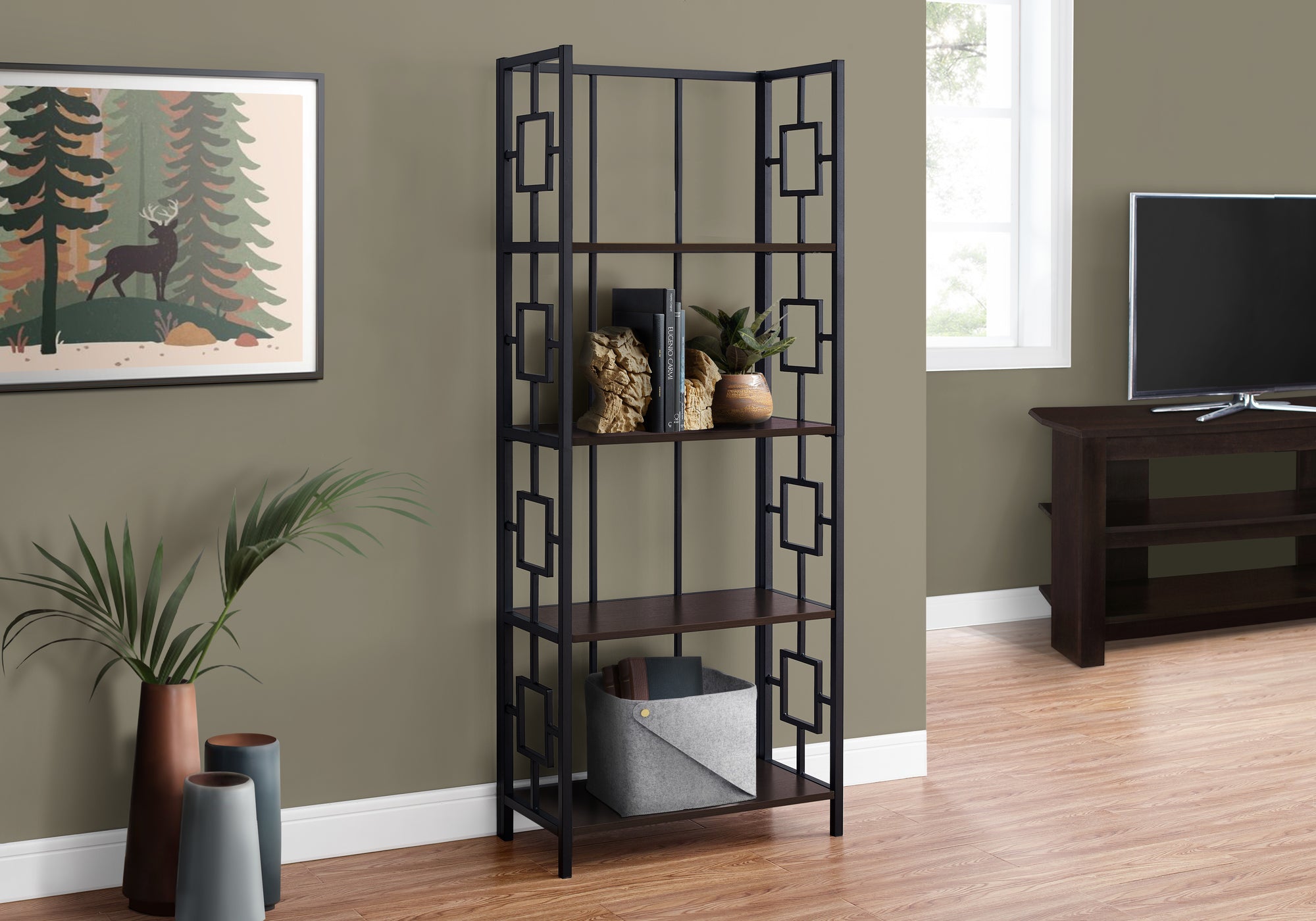 bookcase 62h espresso black metal etagere i3617