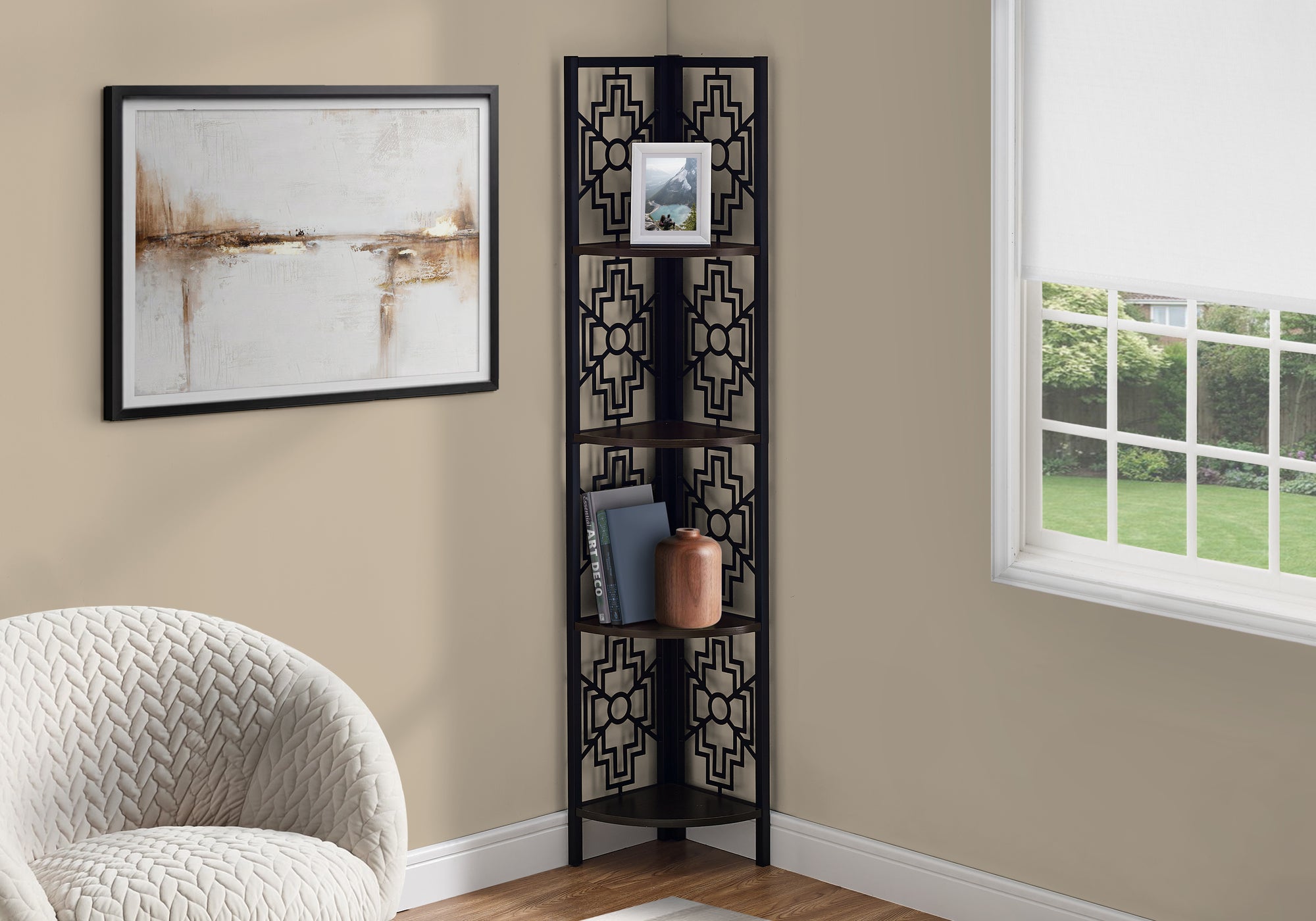 bookcase 62h espresso black metal corner etagere i3622