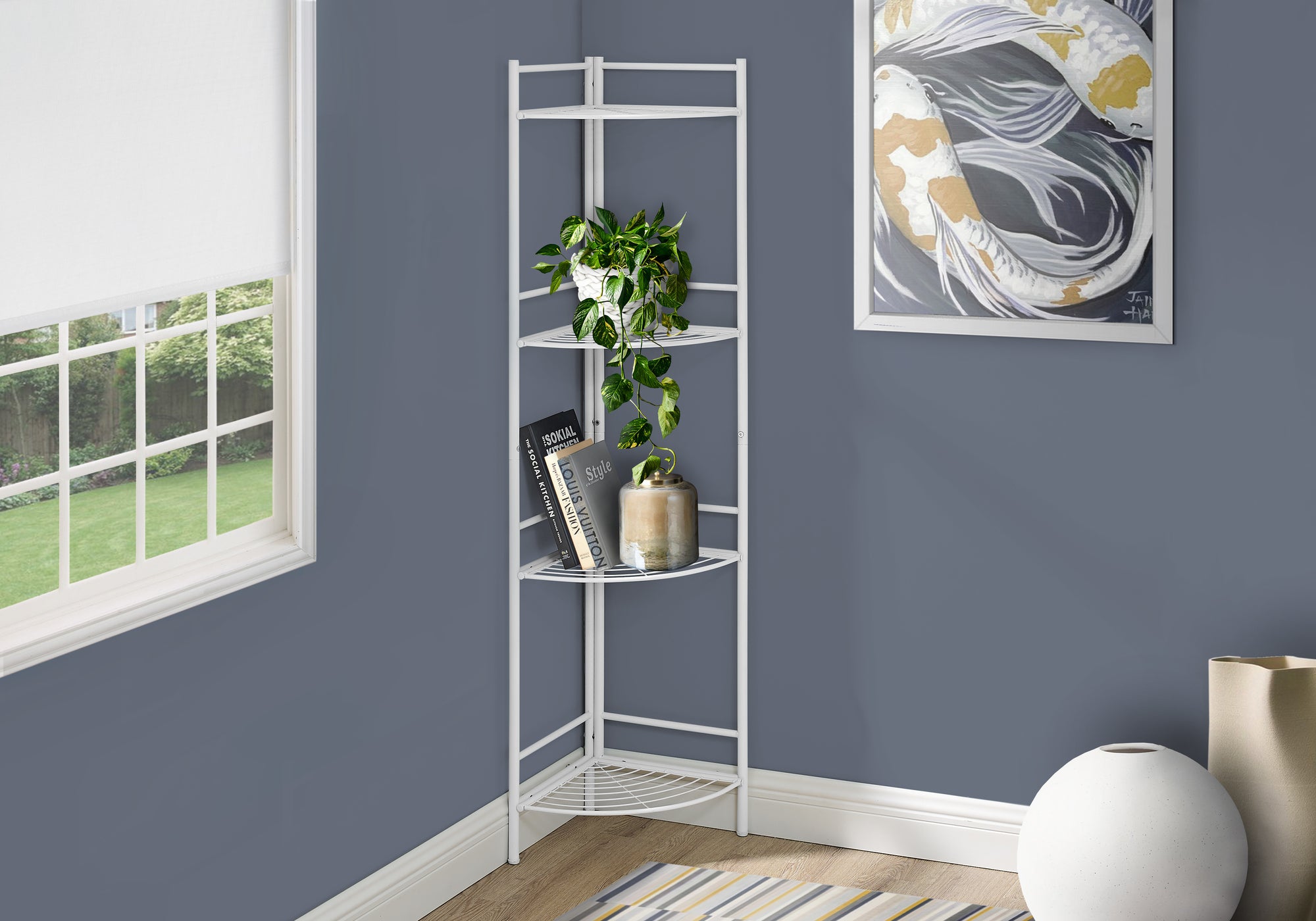 bookcase 58h white metal corner etagere i3626