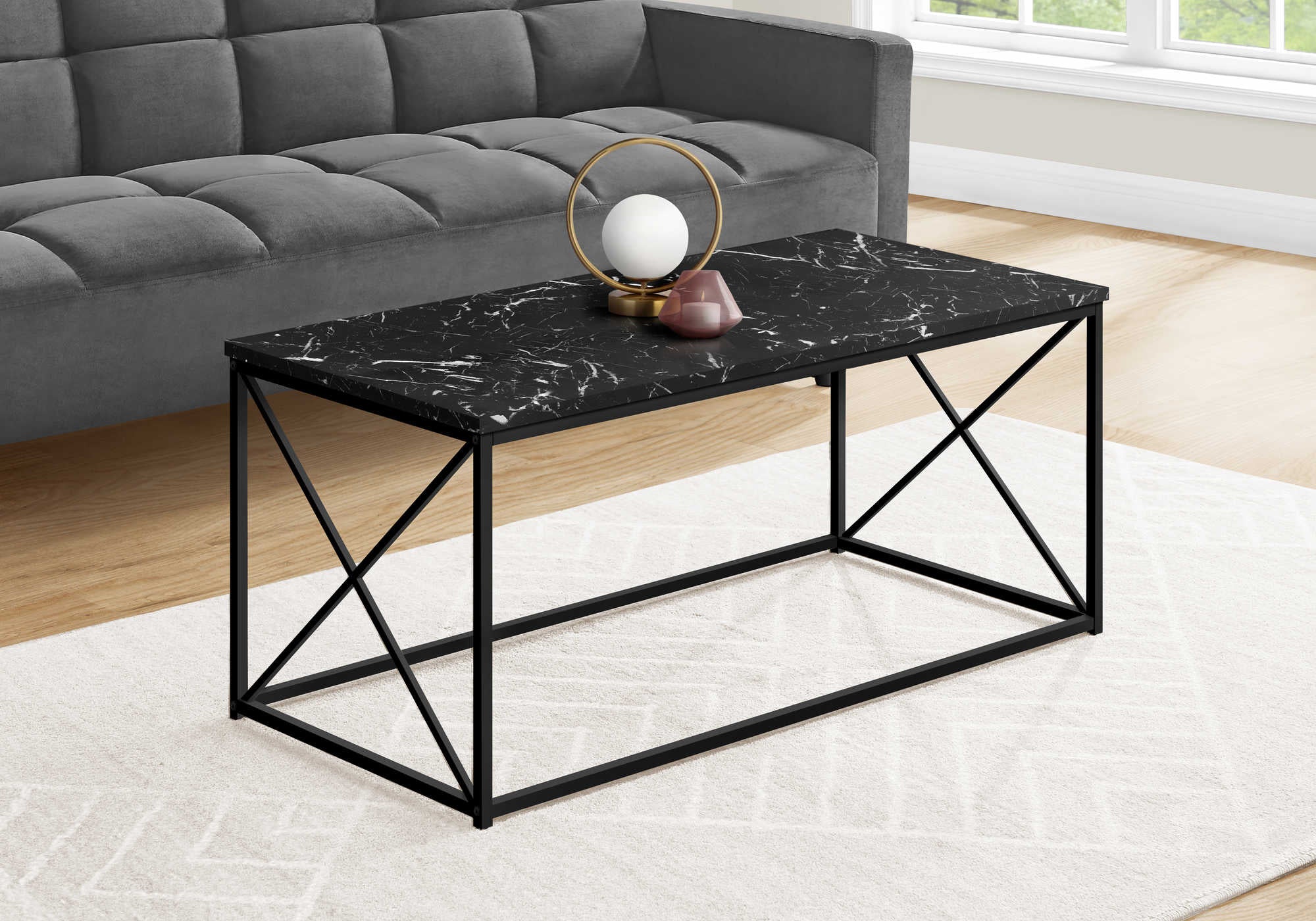 COFFEE TABLE - 40L  BLACK MARBLE  BLACK METAL