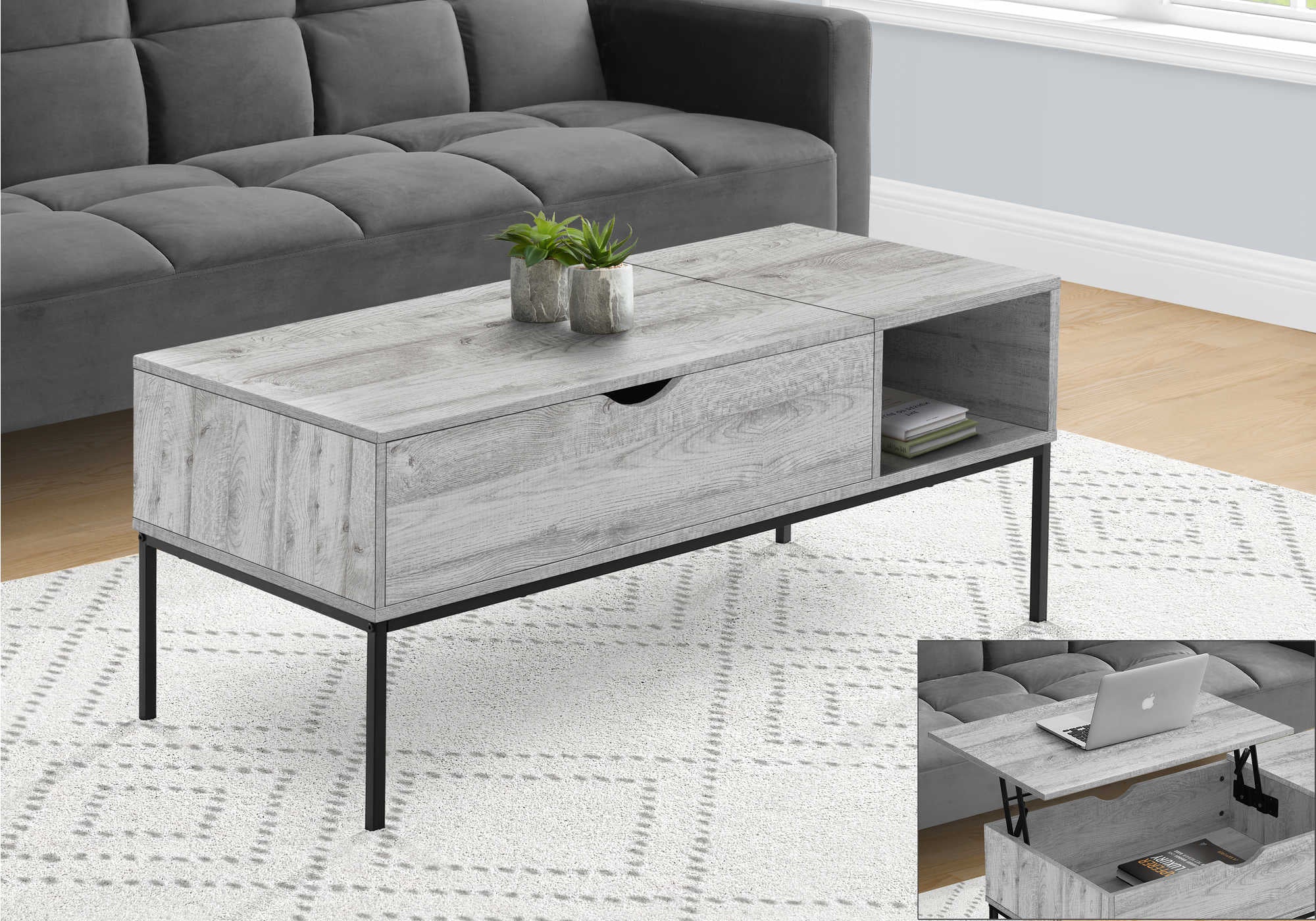 COFFEE TABLE - 42L  LIFT-TOP GREY  BLACK METAL