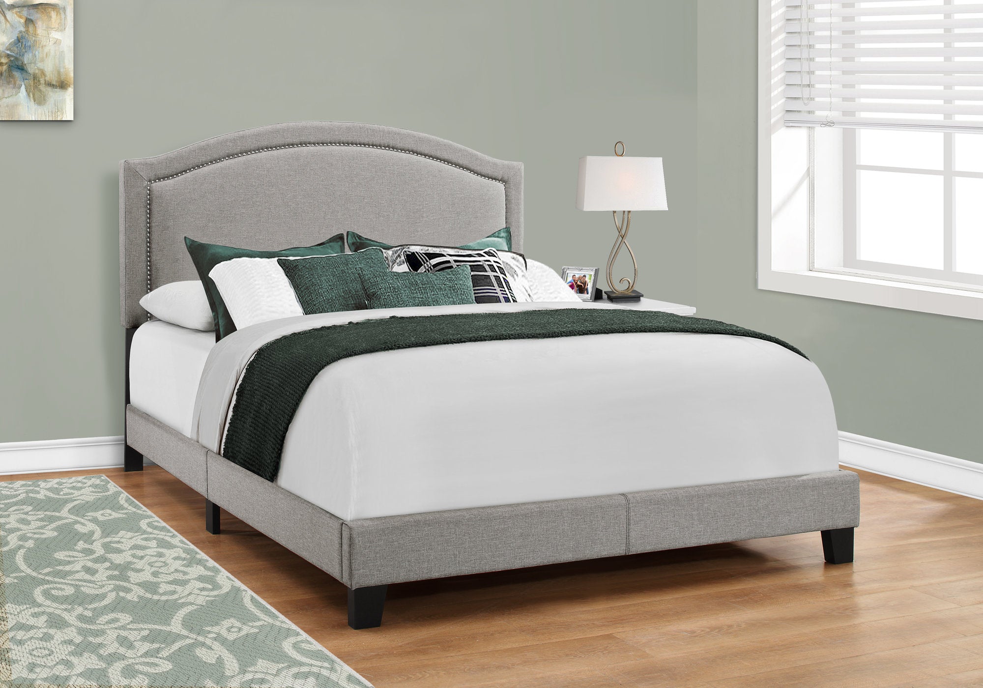 bed queen size grey linen with chrome trim i5936q