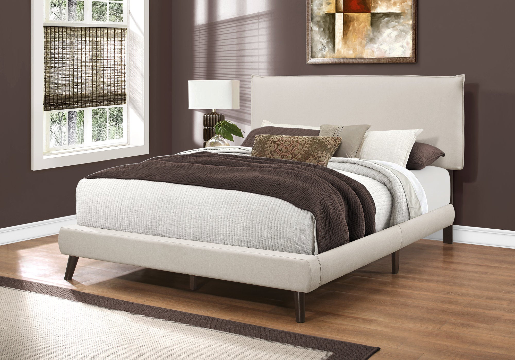 bed queen size beige linen with brown wood legs i5951q