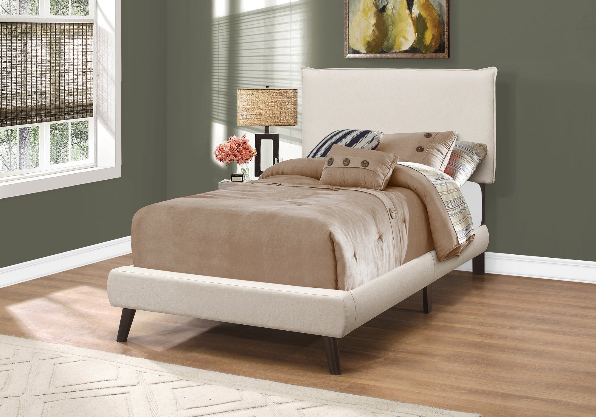 bed twin size beige linen with brown wood legs i5951t