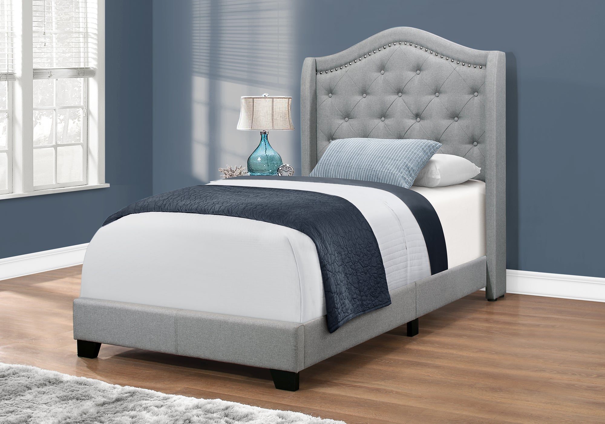 bed twin size grey linen with chrome trim i5966t