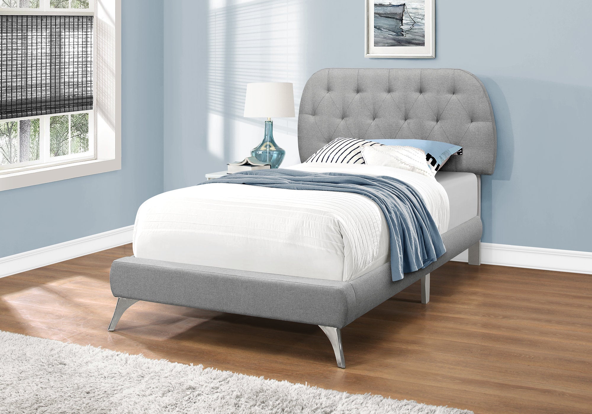 bed twin size grey linen with chrome legs i5980t