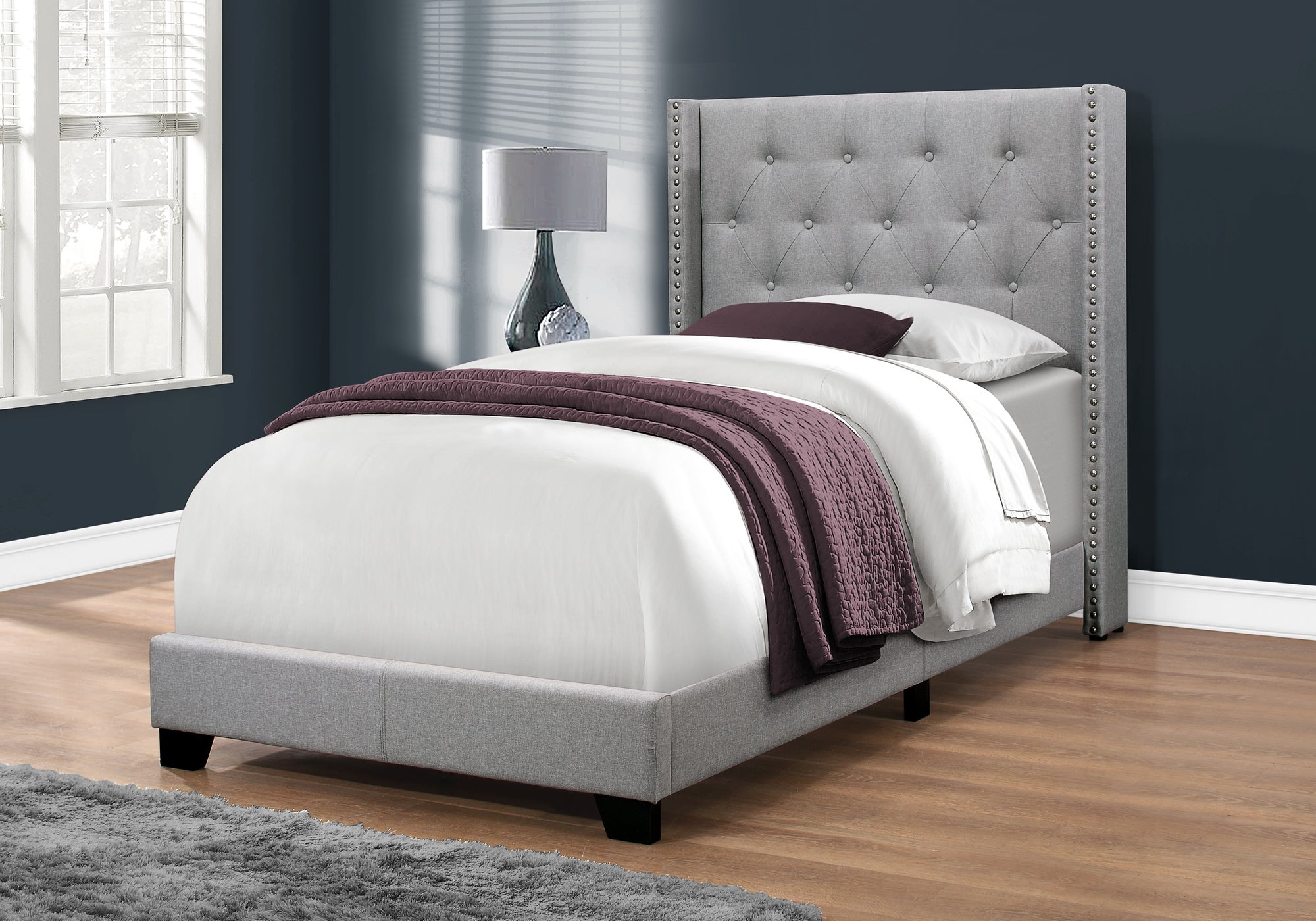 bed twin size grey linen with chrome trim i5984t