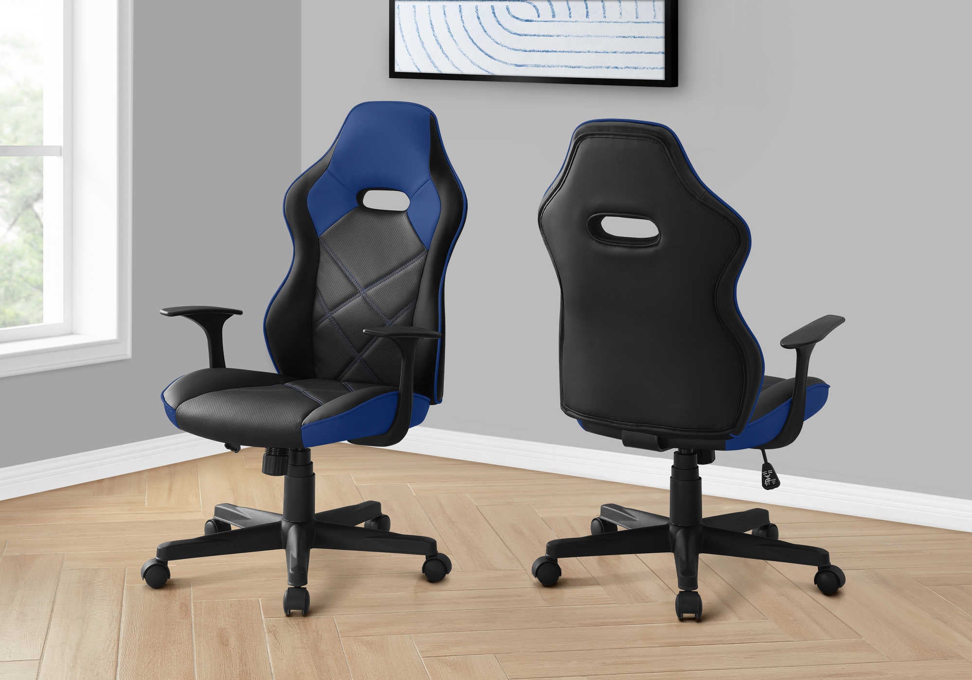 OFFICE CHAIR - GAMING  BLACK  BLUE LEATHER-LOOK