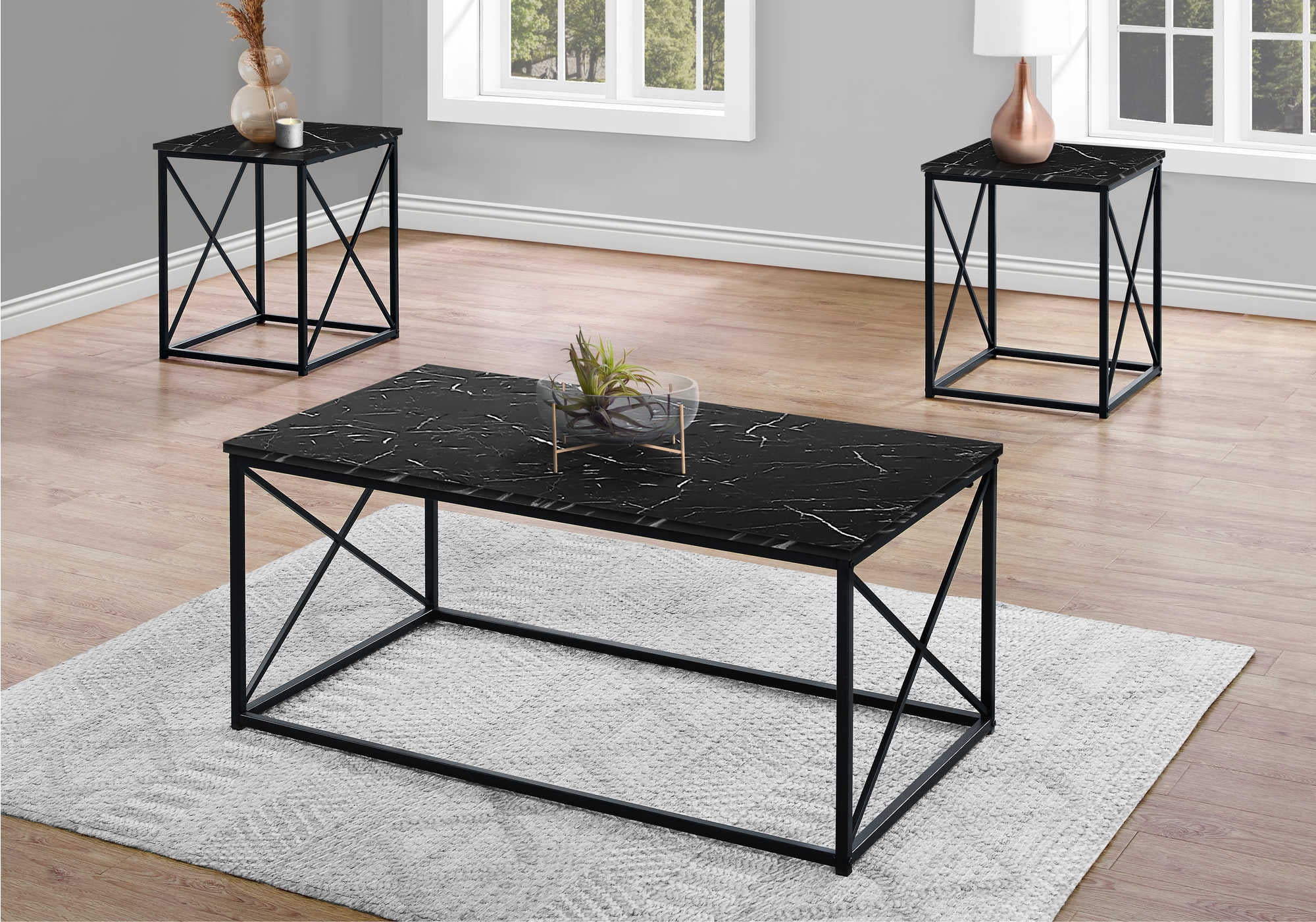 TABLE SET - 3PCS SET  BLACK MARBLE  BLACK METAL