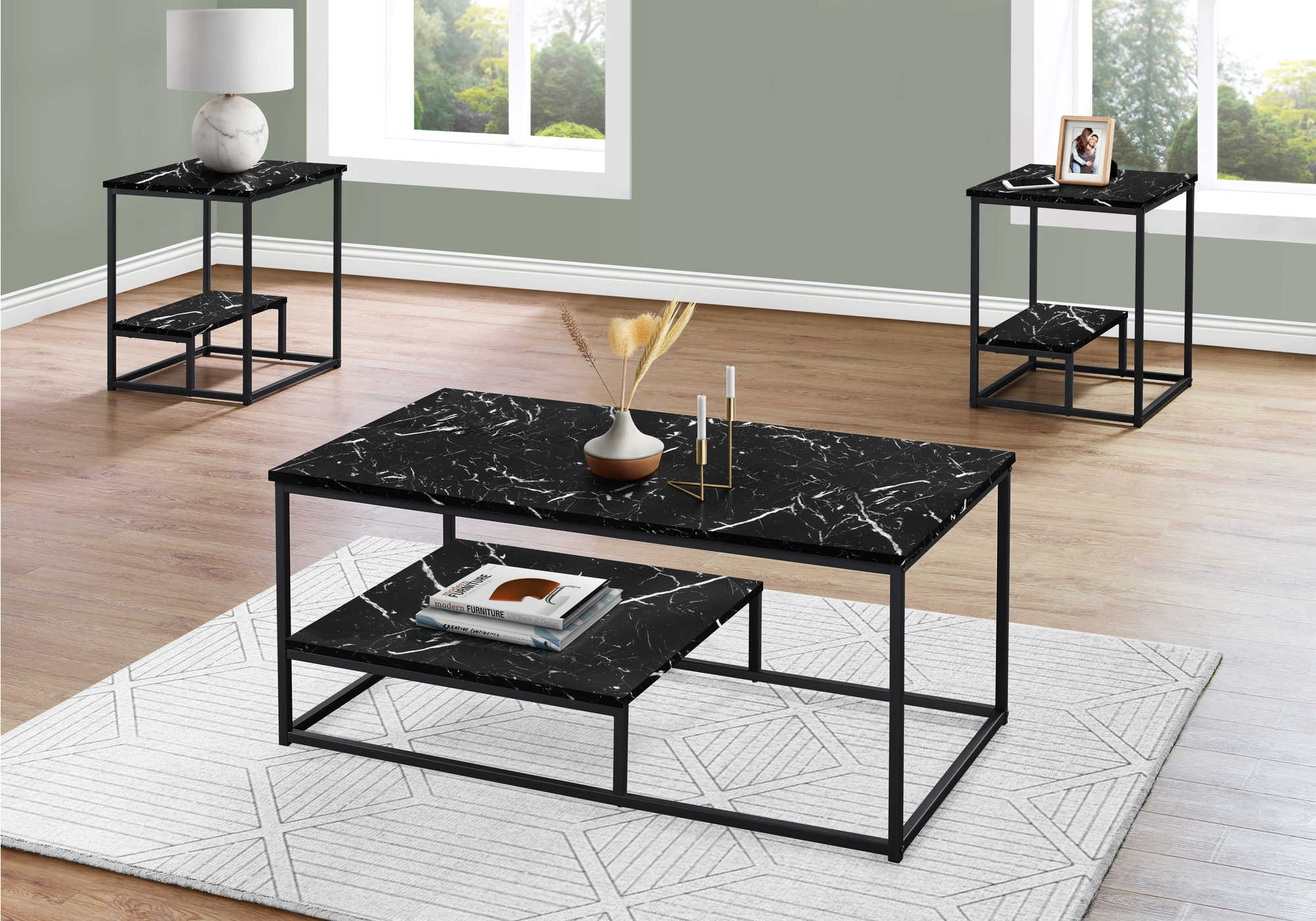 TABLE SET - 3PCS SET  BLACK MARBLE  BLACK METAL