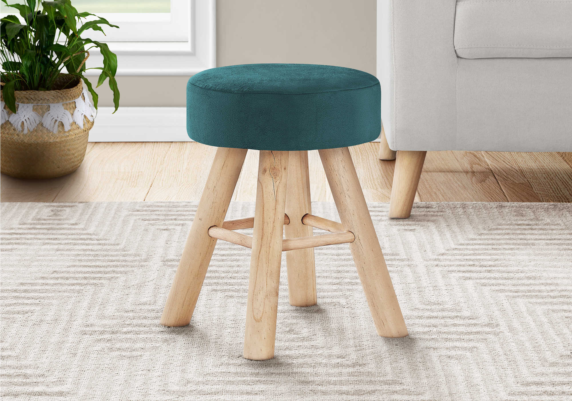 OTTOMAN - TURQUOISE VELVET  NATURAL WOOD LEGS