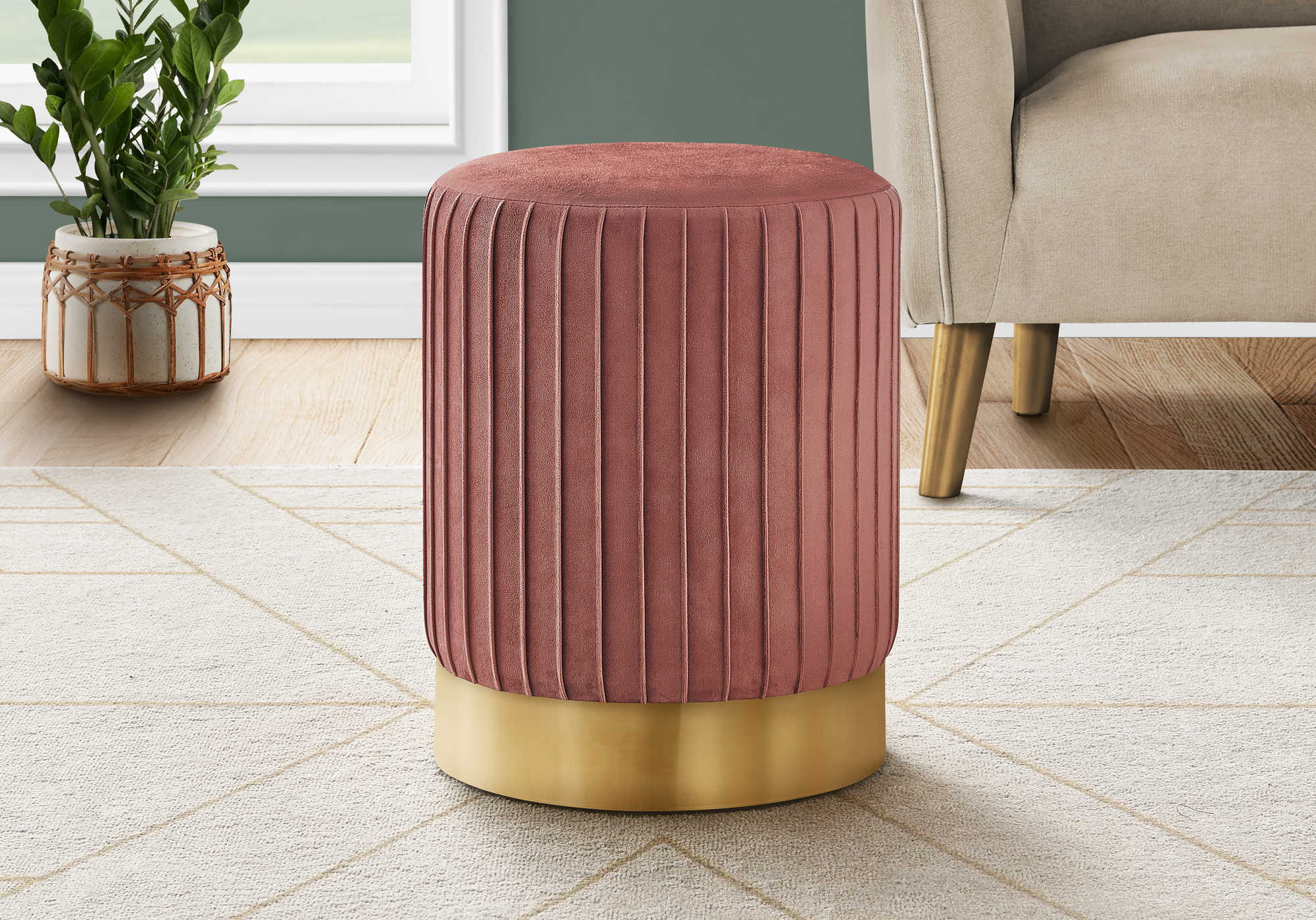 OTTOMAN - DARK PINK VELVET  GOLD METAL BASE