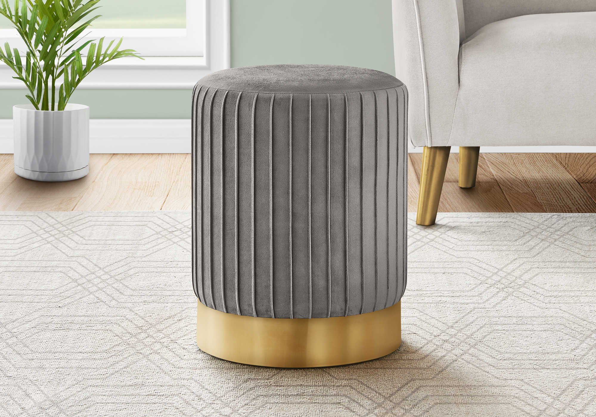 OTTOMAN - GREY VELVET  GOLD METAL BASE